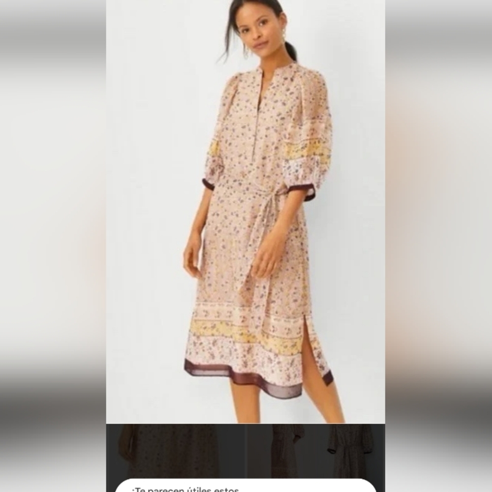 Ann Taylor Blush Floral Midi Dress with Contrast Hem